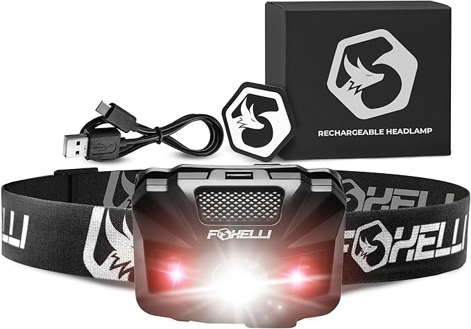 Foxelli USB‑C Rechargeable LED Headlamp – Ultra‑Light 2.4 oz & Bright 180 Lumens – Red/White Light, 5 Modes, IPX5 Waterproof, 40 h Runtime for Trail Running, Camping, Hiking