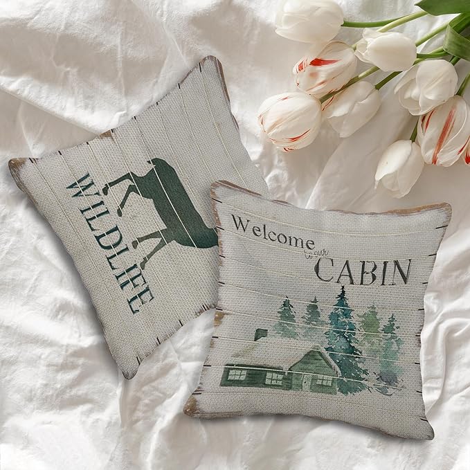 (RB) SiuSue Cabin Decor Pillows, Rustic Farmhouse Pillow Covers 18x18, Log Cabin Decor, Camper Decorations for Inside,Camping Decorative Pillow Covers, Porch Sofa Pillows for Living Room, Set of 4