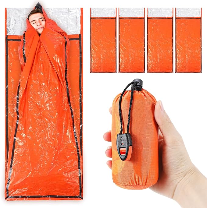 4 Pack Emergency Bivy Sack Bivy Bag - Emergency Sleeping Bags Survival Sleeping Bag Bivvy Sack Waterproof Lightweight Foil Military Patriot Compact Gear Blanket Thermal Escape Camping