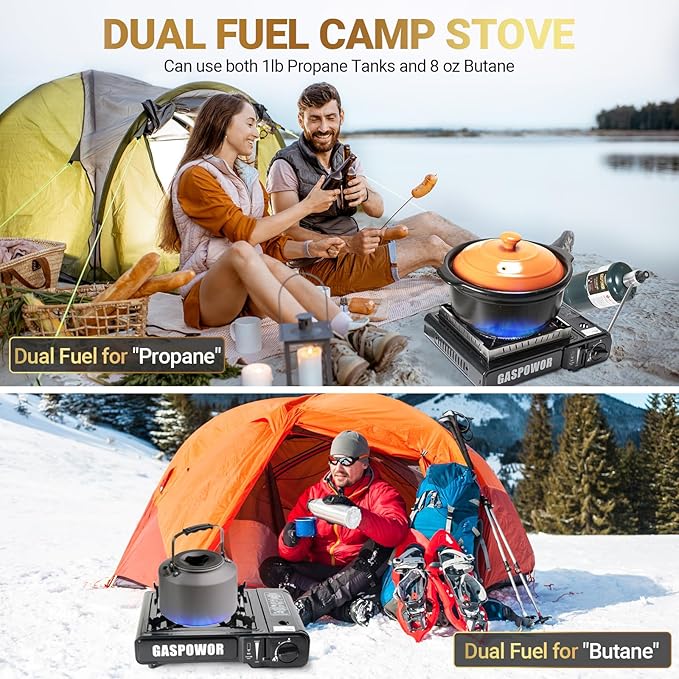 Propane or Butane Stove Dual Fuel Stove Portable Camping Stove, 10,000 BTU Butane Propane Stove with Carrying Case&Windblocker, Automatic Ignition for Emergency Preparedness Kit (Fuel Not Included)