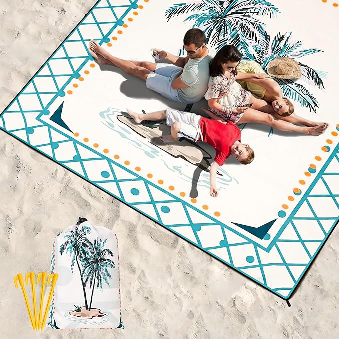 HIHOHO Beach Blanket Waterproof Sandproof Beach Mat 79”x 83” for 1-8 Adults Quick Drying Durable Outdoor Picnic Mat for Beach Festival Travel Camping Hiking (Flower Cocotree, 79"×83"(4 Person))