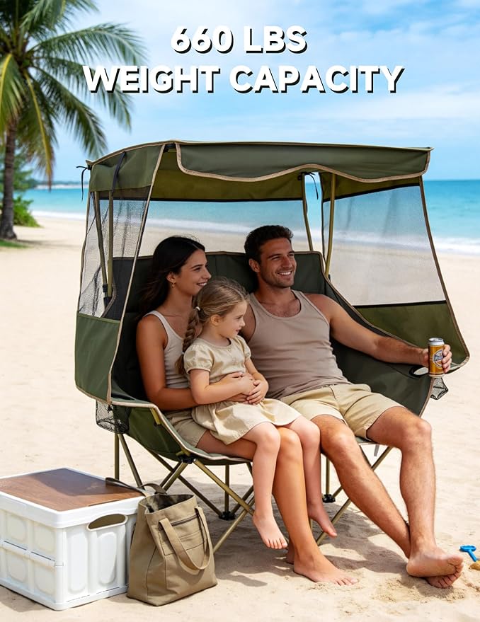 East Oak Padded Double Camping Chair with Canopy | 24" High Back Camping Couch for Adults with Full Sun Coverage, 14.7 lbs Lightweight, 660 lbs Heavy Duty Canopy Chair for Outdoors