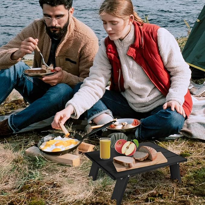 Small Folding Camping Table, Ultralight Portable Mini Beach Table with Carry Bag, Compact Low Side Picnic Tables Aluminum for Beach Camping, Black