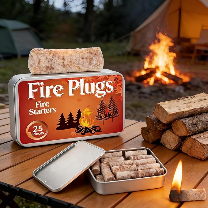 Fire Starter Plugs, 25-Pack, Long Burning Windproof Starters for Campfire, BBQ, Fireplace, Chimney