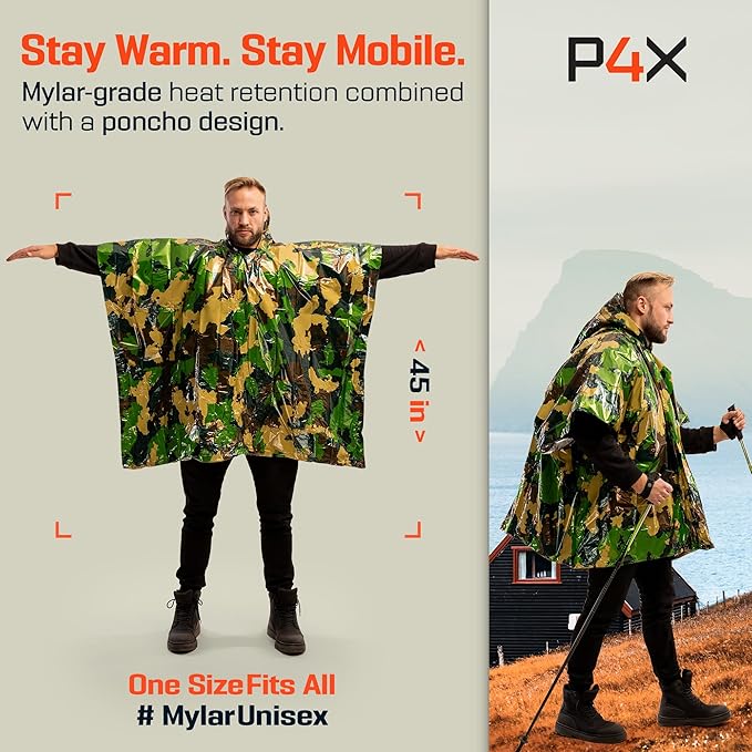 PREPARED4X Emergency Mylar Poncho – Survival Rain Poncho with Hood – Lightweight, Compact, Reusable Emergency Blanket Poncho for Hiking, Camping, Thermal Gear, Car Kit, Outdoors