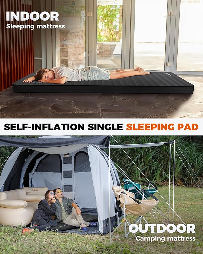 KingCamp PREMIUM SINGLE Self Inflating Sleeping Pad, 7.5 R-Value Air & Foam Camping Mattress, 3" Thick Insulated Sleeping Pad with Pump Sack for Car Camp Tent, PVC Free, Single Black