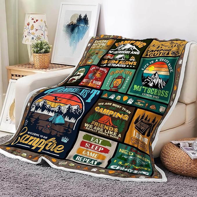 Camping Blanket, Camping Lovers Gift Ideas for Men or Woman, Super Soft Flannel Blankets Gifts for Bed Camper Outdoor, Campsite Outdoors RV Travel Hiking Sofa Couch Throw Blanket