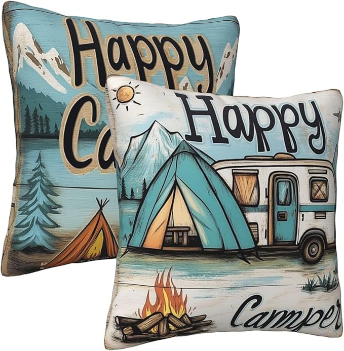 Happy Camping Throw Pillow Covers 18x18 inch Set of 2 Pillow Case Cushion Cover for Home Sofa Couch Living Room Car Decor