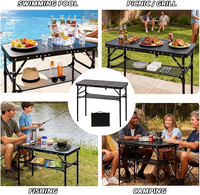 YihuiKo Folding Picnic Table with Storage Net, Matte Black Aluminum Folding Table 35" x 16", Adjustable Height Max 27.5", Lightweight Portable for Camping Travel Grill Indoor