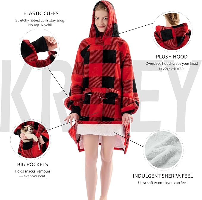 Krifey Wearable Blanket Hoodie, Oversized Sherpa Fleece Sweatshirt with Giant Pocket, Birthday Gifts for Women, Mom, Sister, KRF003-Red plaid