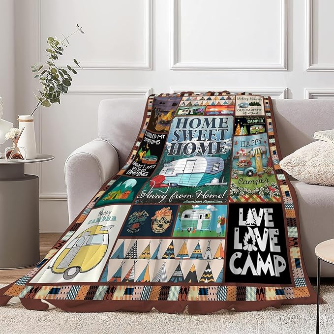 Camping Blanket Soft Warm Plush Throw Blanket Happy Camper RV Gifts for Camper Lover Cozy Lightweight Flannel Fleece Bedding Stuff Decor Blanket for Girls Kids Adults Women 60"x80"