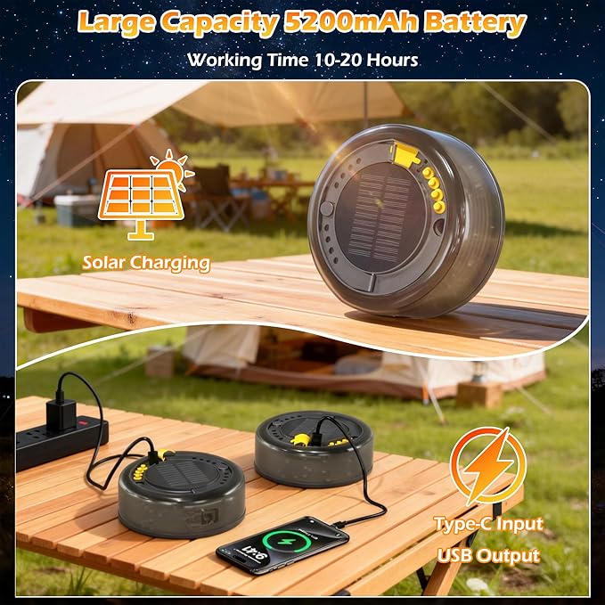 5200 mAh Solar Camping String Lights, Portable RGB Fairy String Light, 33FT 4-in-1 Waterproof Hanging String Lights, USB-C Rechargeable Phone Charger for Christmas Decor, Patio, Party