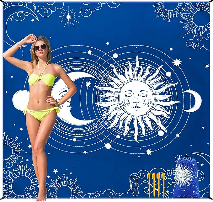 HIHOHO Beach Blanket Waterproof Sandproof Beach Mat for 1-8 Adults Quick Drying Durable Outdoor Picnic Mat for Beach Festival Travel Camping Hiking (BL-SUNMOON, 79"×83"(4 Person))