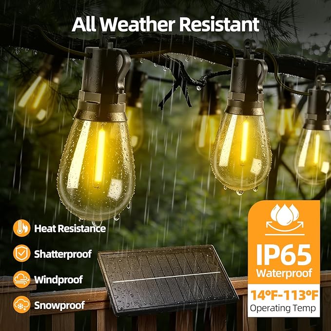 Solar Lights Outdoor Patio Lights: S14 10M 33FT Solar Powered 3 Light Modes Solar Waterproof Light - Shatterproof Bulbs - Camping Backyard Garden Deck Outside Yard