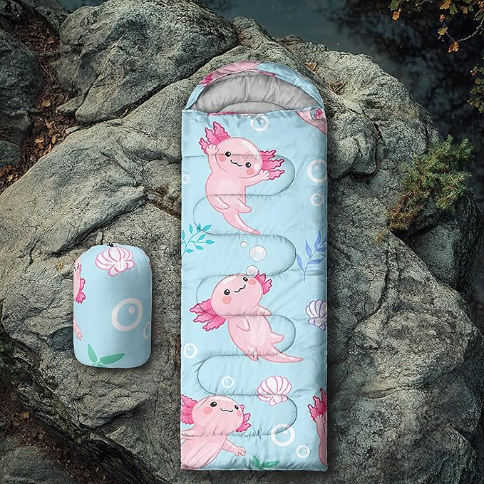 QOOMO Axolotl Cute Camping Sleeping Bags,3 Season Warm & Cool Weather,Lightweight,Waterproof Sleeping Bags for Adults & Kids,Traveling,and Outdoors