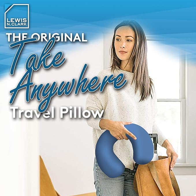 Lewis N. Clark Mood Neck Pillow, Microbead Pillows, Airplane Pillow and Cervical Neck Pillow for Kids + Adults, Travel Pillow with Neck Support, Blue