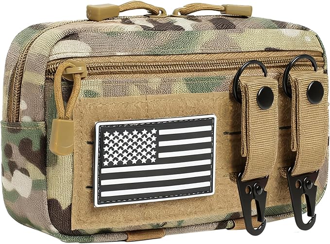 Tactical Molle Admin Pouch with 2 Keychains & US Flag Patch - Laser Cut EDC Modular Pouch for Outdoor, Survival, Daily Carry