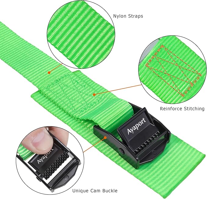 Ayaport Lashing Straps Car Roof Rack Straps Cam Buckle Tie Down Strap for Kayak, SUP, Canoe, Surfboard Packing (Green, 1" x 12')