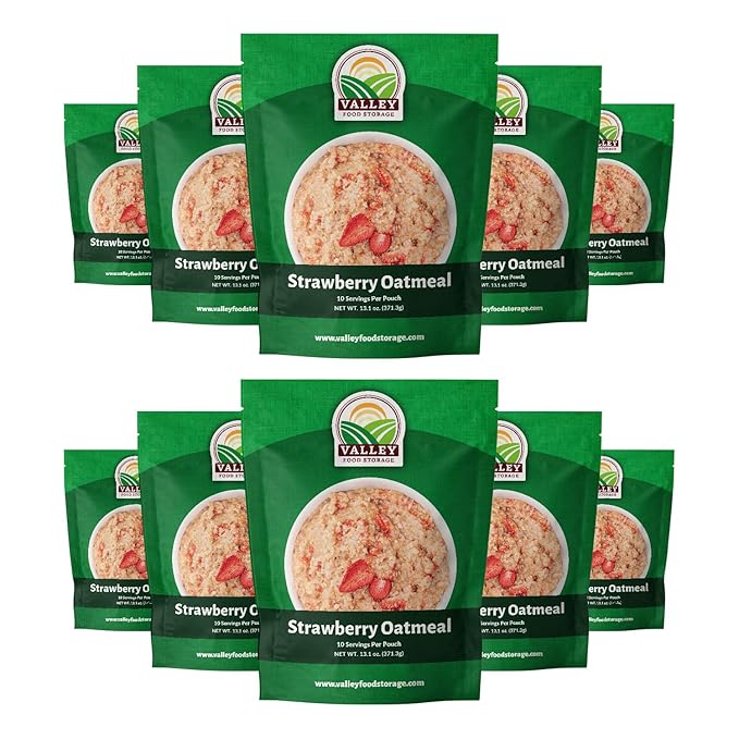 Valley Food Storage Freeze Dried Strawberry Oatmeal | 10-Bag Bucket, 100 Servings | Premium Emergency Food Supply with 25 Year Shelf Life | Non-GMO Freeze Dried Breakfast & Prepper Food