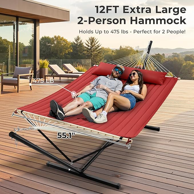 SUPERJARE 12ft Double Hammock with Stand, Rope Hammock for 2 Person, Detachable Hammock Bed and Pillow, Portable, Anti-Tip Safety Ropes, Carry Bag, Outdoor Backyard Patio Camping, Burgundy