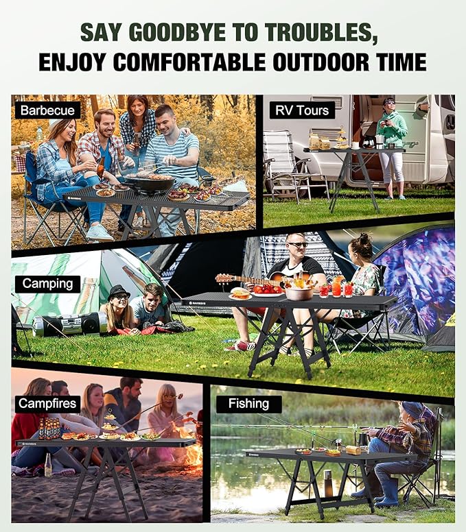 Raynesys Foldable Grill Table with Mesh Desktop, 200lbs 4Ft Portable Folding Table, Height Adjustable Metal Table for Ourdoor, Camping, Picnic, BBQ and Beach, RV, 47.24" L x 23.62" W