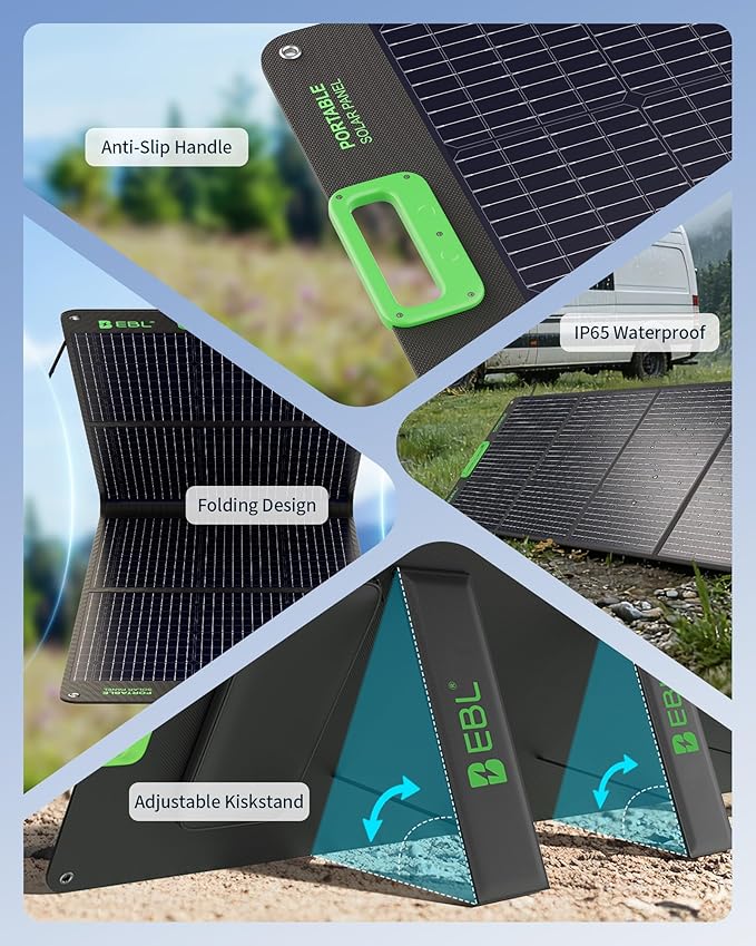 EBL 200W Portable Solar Panel for Power Station, Waterproof IP65 Foldable Solar Panel with MC-4 Anderson Output Connector for RV, Camping, Blackout