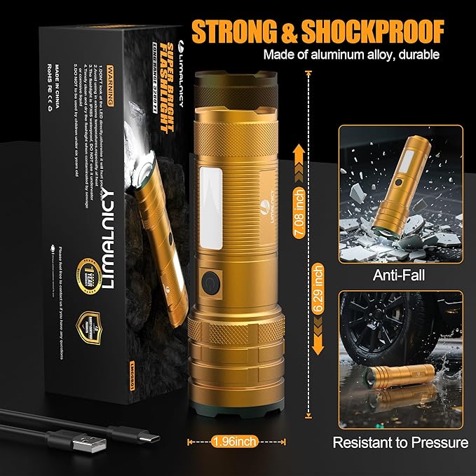 Rechargeable Flashlights High Lumens 100,000 Long Lasting, 4 Modes with Side COB Light, Super Bright LED Flashlight USB C Input & Output, Powerful Strong Flash Light for Hiking Camping