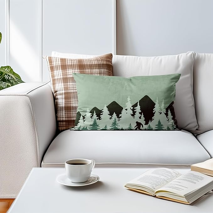 Bigfoot Sasquatch Forest Camping Throw Pillow Cover 20x12, Camping Themed Pillowcase for RV Campsite Sofa Decor, Fun Gift for Camp Lovers (Green)