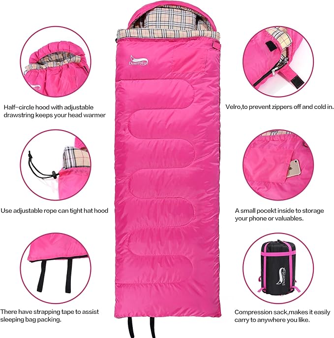 DESERT & FOX Cotton Flannel Sleeping Bags with Pillow, 4 Season Warm & Cold Weather Envelope Compression Sack, Lightweight & Portable Backpacking Sleeping Bag for Outdoor Camping, Hiking, Traveling