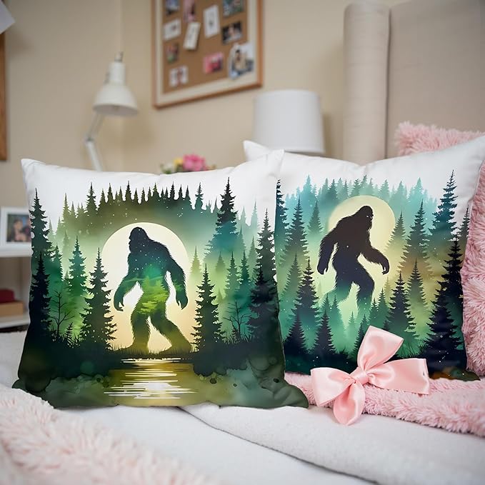 Funny Bigfoot Sasquatch Forest Throw Pillow Covers 18x18 Set of 2,Camper Decor Pillowcase,Big Foot Sasquatch Gifts,Camping Camper Bigfoot Gifts for Women（91）