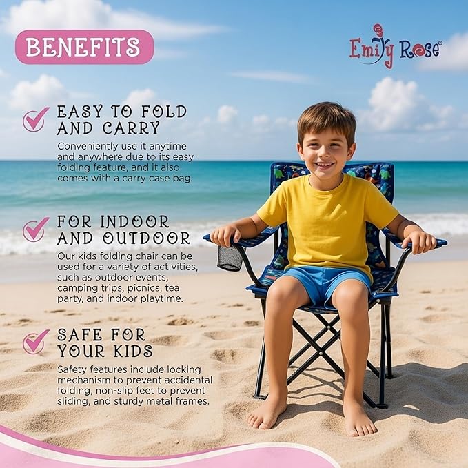 Emily Rose Playful Dinosaurs Kids Folding Camp Chair - Lightweight Portable Toddler Beach Chair Ages 2-7 with Safety Lock Cup Holder Carry Case 125 lb Capacity for Boys Girls Outdoor Adventures