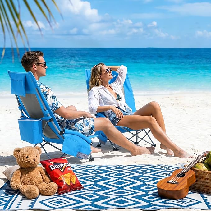 Youtanic High Back Beach Camping Chair 2 Pack, Extra Wide Folding Outdoor Chair with Cooler Bag, Breathable Mesh & Dual-Use Pillow, Portable Lounge Seat for Adults, Sand, Sports, Picnic, Blue