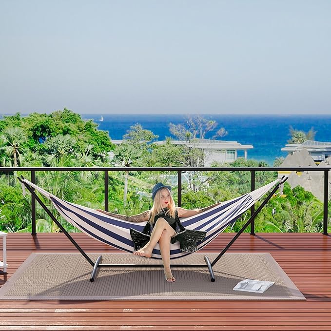Double Hammock with Steel Stand - 2 Person Hammock Bed Indoor Outdoor, Brazilian-Style, with Carry Bag, 450lb Capacity, Portable & Easy Assembly, Blue&White