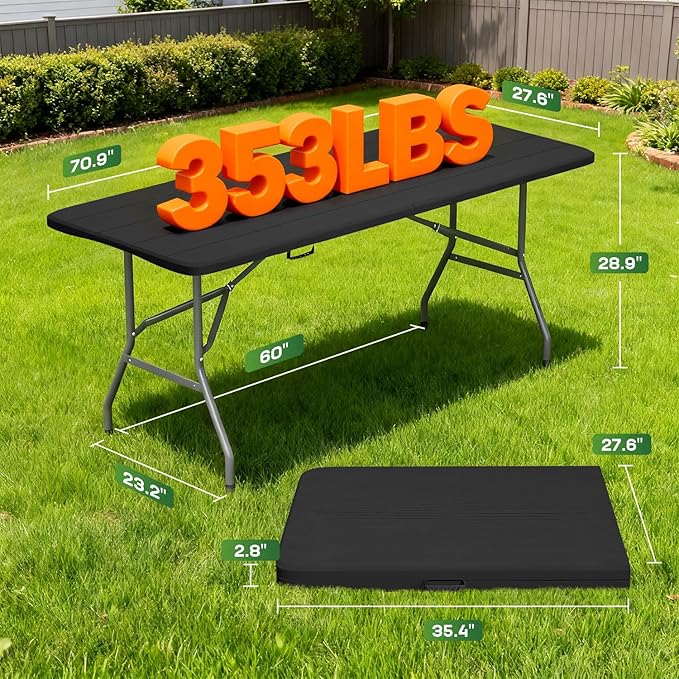 FDW 6 Foot Folding Table, Portable Plastic Table with Carrying Handle Perfect for Indoor, Outdoor, Party, Dining, Wedding, Events, Camping, Black Wood Grain