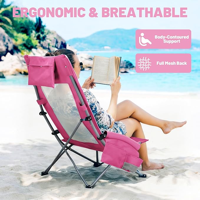 Youtanic High Back Beach Camping Chair 2 Pack, Extra Wide Folding Outdoor Chair with Cooler Bag, Breathable Mesh & Dual-Use Pillow, Portable Lounge Seat for Adults, Sand, Sports, Picnic, Pink