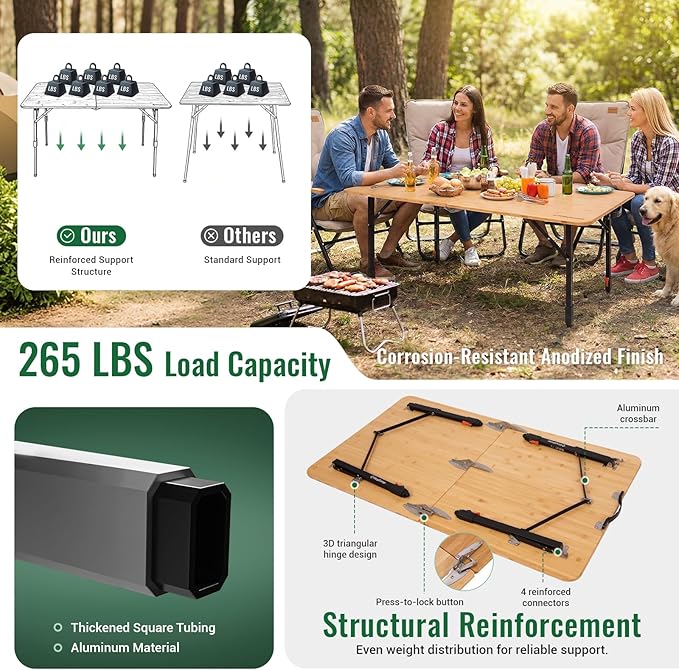KingCamp Bamboo Folding Table, 47 Inch Large Portable Camping Table with Adjustable Height Legs for Uneven Ground, High-Strength Bamboo Surface Holds 265lbs, Multi-Scenario Table for Home & Outdoor