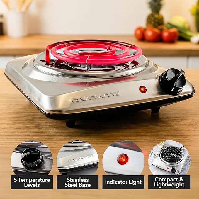OVENTE Electric Countertop Single Burner, 1000W Cooktop with 6" Stainless Steel Coil Hot Plate, 5 Level Temperature Control, Indicator Light, Compact Cooking Stove and Easy to Clean, Silver BGC101S