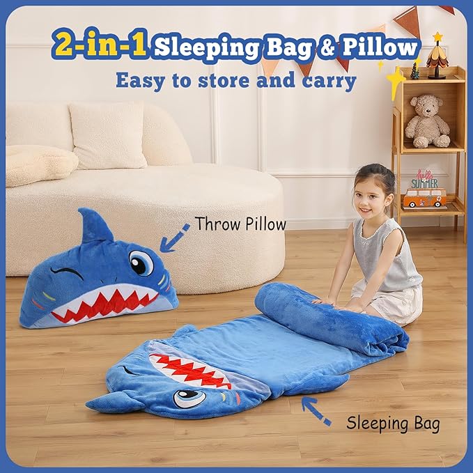 Kids Sleeping Bag, Plush Toddler Slumber Bag 2-in-1 Pillow, Soft Sleeping Bag, Nap Mats for Preschool,Daycare,Travel,Gift, Ages 3-12