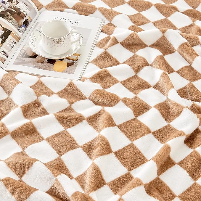 Edenleaf Checkered Blanket Flannel Throw Blankets Soft Cozy Checkered Grid Print Chessboard Gingham Pattern Throws for Bed Sofa Couch for All Seasons, 60x80 Inch, Blonde