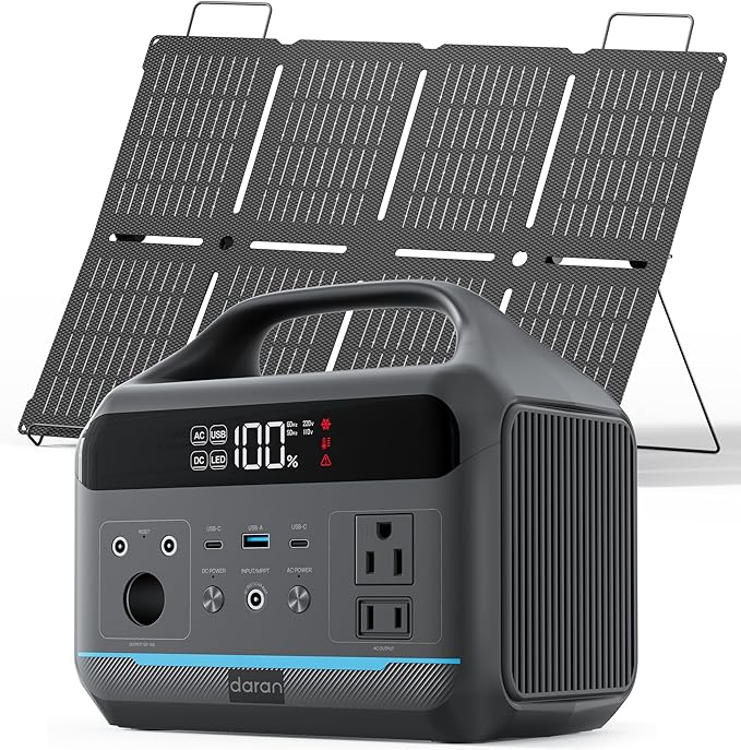 DARAN Portable Power Station 600W with 80W Solar Panel, 288Wh(90,000mAh) LiFePO4 Solar Generator, Dual AC Outlets, 100W USB-C PD, Fast Recharge for Camping, RV, Power Outage, Emergency Backup