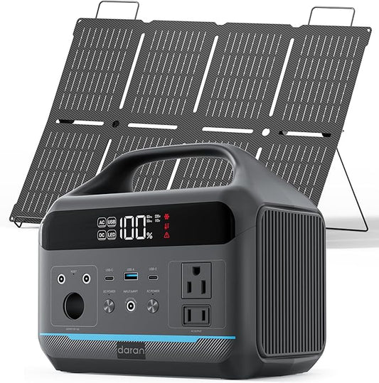 DARAN Portable Power Station 600W with 80W Solar Panel, 288Wh(90,000mAh) LiFePO4 Solar Generator, Dual AC Outlets, 100W USB-C PD, Fast Recharge for Camping, RV, Power Outage, Emergency Backup