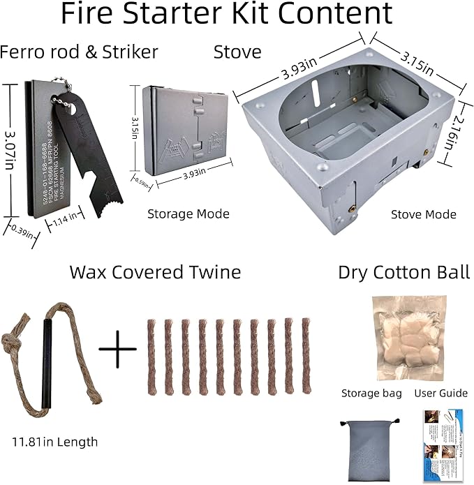 Survival Fire Starter Kit - Ferro Rod & Magnesium Fire Starter Compact Solo Stove with Flint and Steel to Firestarter Fireplace Pit for Outdoor Camping Bushcraft Hiking Emergency Gadgets