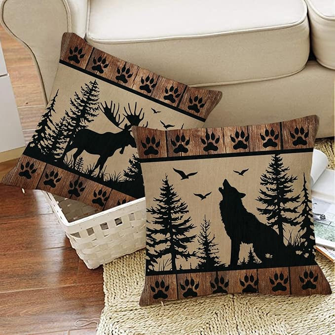 Wildlife Cabin Decorative Throw Pillow Covers 18 x 18 Set of 4, Vintage Forest Animals Reindeer Wolf Bear Porch Outdoor Home Decor, Retro Farmhouse Woodland Pine Tree Sofa Couch Cushion Case