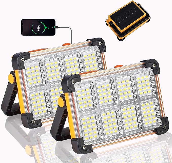 Vcwtty 120W LED Solar Work Light, 144 LED 10000LM Portable Flood Light with Stand, 4 Modes Rechargeable, IP65 Waterproof Outdoor Working Light for Camping, Fishing, Car Repair & Mechanics (2)