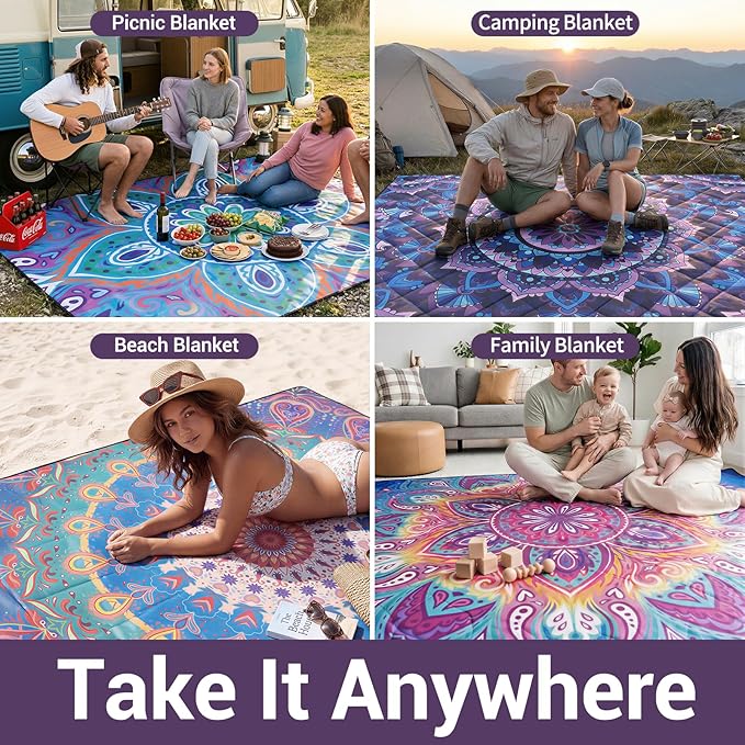 80x80" Extra Large Picnic Blankets Waterproof Sandproof Couple Outdoor Beach Blanket Foldable Grass Park Lawn Concert Mat Summer Camping Essentials Rv Travel Vacation Accessories Festival Gift
