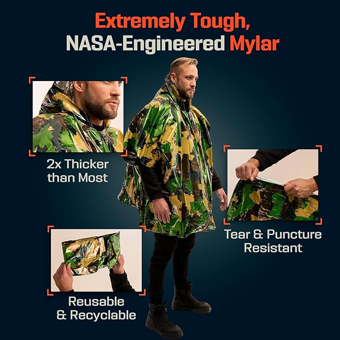 PREPARED4X Emergency Mylar Poncho – Survival Rain Poncho with Hood – Lightweight, Compact, Reusable Emergency Blanket Poncho for Hiking, Camping, Thermal Gear, Car Kit, Outdoors