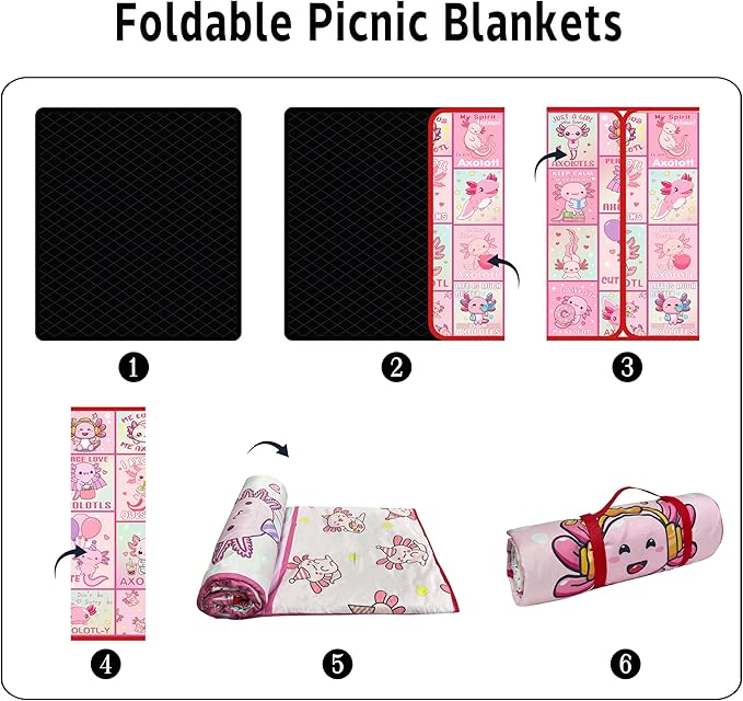 Supfitness Extra Large Picnic Blankets Waterproof Foldable (80"x 80") Axolotl Beach Blanket Waterproof Sandproof,3-Layer Thicking Mat Outdoor Packable Camping Blanket