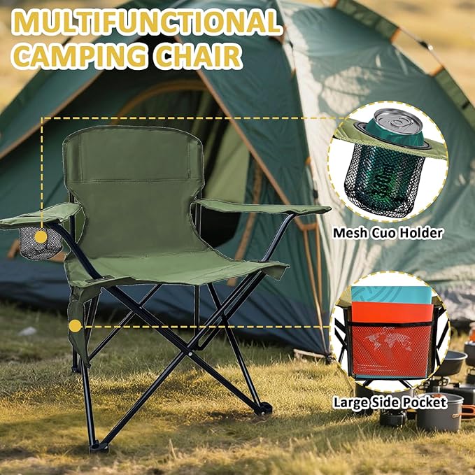 Folding Camping Chair with Cup Holder & Storage Bag, 225lbs Capacity, Large Anti-Sink Feet, Breathable PE Coated Fabric for Outdoor, Hiking, Beach, Fishing, Backpacking, Green