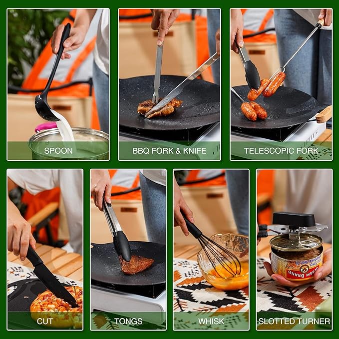 Wesqunie Camping Cooking Essentials Utensils Set - Camp Cookware Kitchen Accessories Kit, Camper Gear Must Haves, Stainless Steel & Silicone, RV Car Portable Outdoor Equipment Tool