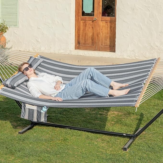 GAFETE 2 Person Hammock with Stand for Outside, Heavy Duty Steel Stand, Double 55inch Hammocks, Large Removable Pillow, Storage Bags, Max 475 lbs Capacity (Mountain Mist Gray)
